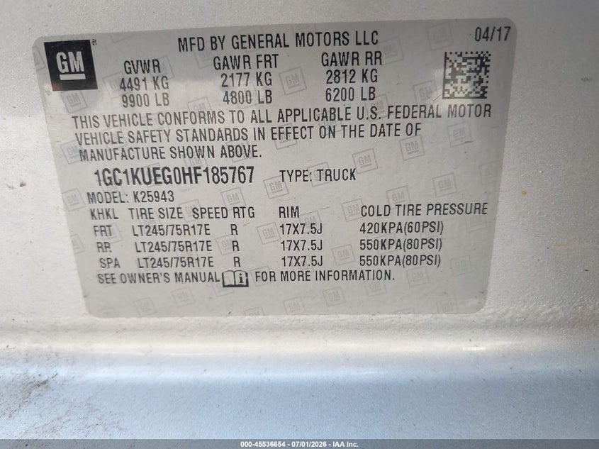 2017 Chevrolet Silverado 2500 VIN 1GC1KUEG0HF185767 IAAI salvage auction — NORMAL WEAR, Sf97 (New York), sold $16,500 on 2026-07-23 (photo 9)