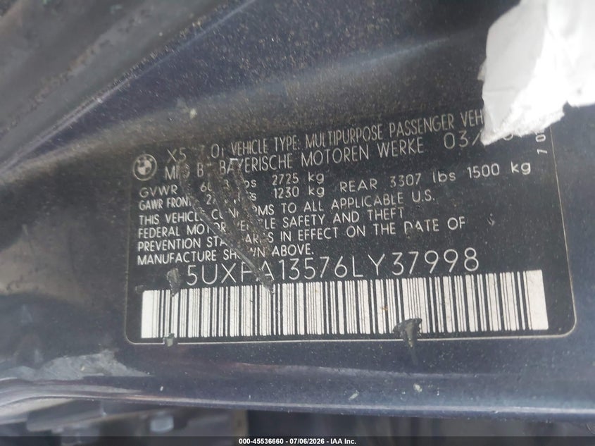 2006 BMW X5 VIN 5UXFA13576LY37998 IAAI salvage auction — NORMAL WEAR, Clear (New Jersey), sold $850 on 2026-07-28 (photo 9)
