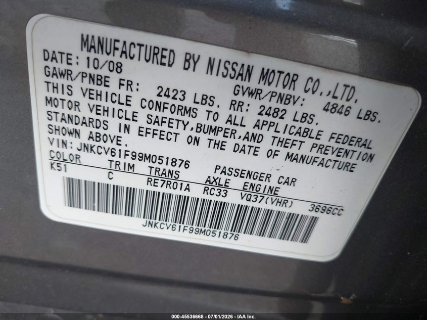 2009 Infiniti G37 VIN JNKCV61F99M051876 IAAI salvage auction — NORMAL WEAR, Clear (New Jersey), sold $475 on 2026-07-29 (photo 9)