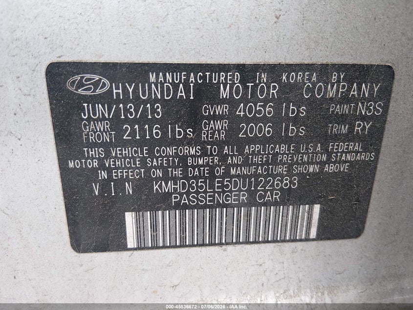 2013 Hyundai Elantra VIN KMHD35LE5DU122683 IAAI salvage auction — NORMAL WEAR, Clear (New Jersey), sold $700 on 2026-07-30 (photo 9)