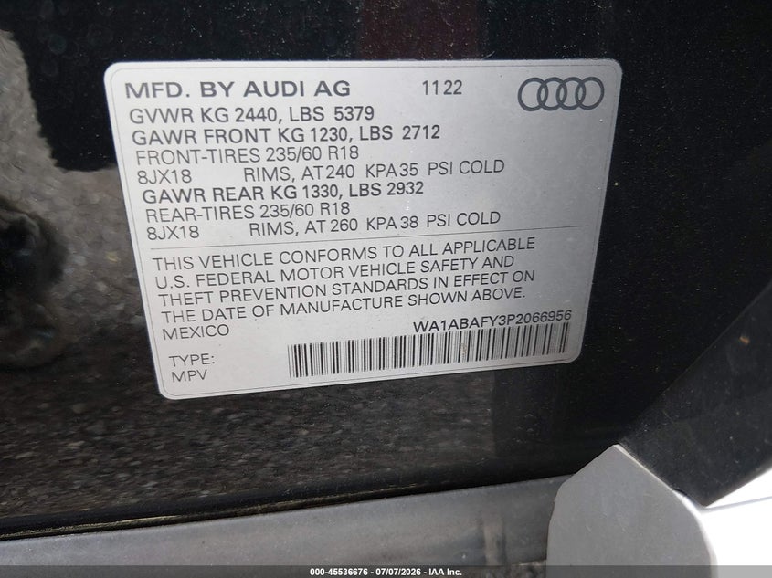 2023 Audi Q5 VIN WA1ABAFY3P2066956 IAAI salvage auction — FRONT END, Salvage (Pennsylvania), sold $11,100 on 2026-07-22 (photo 9)