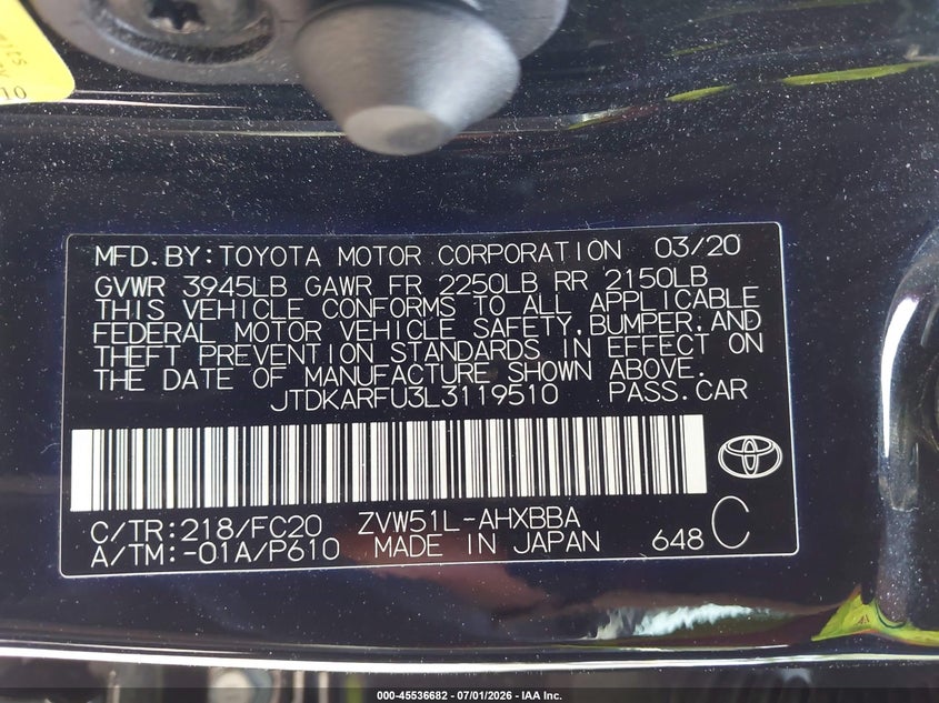 2020 Toyota Prius VIN JTDKARFU3L3119510 IAAI salvage auction — REAR END, Salvage Title, sold $5,600 on 2026-07-19 (photo 9)