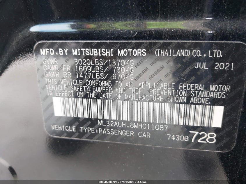 2021 Mitsubishi Mirage VIN ML32AUHJ8MH011087 IAAI salvage auction — REAR END, Salvage Title, sold $2,500 on 2026-08-01 (photo 9)