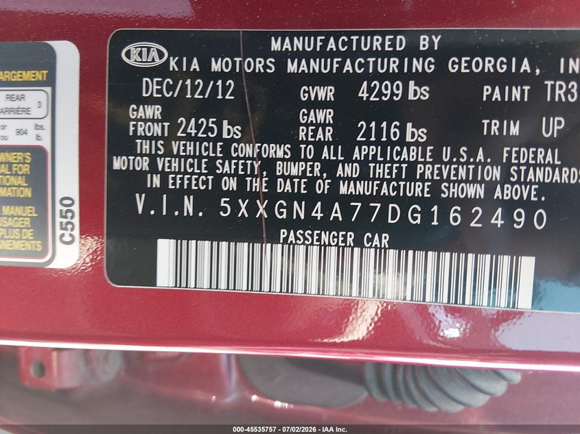 2013 Kia Optima VIN 5XXGN4A77DG162490 IAAI salvage auction — NORMAL WEAR, Clear (North Carolina), sold $525 on 2026-07-15 (photo 9)