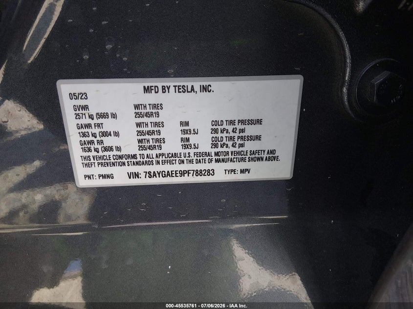 2023 Tesla Model y VIN 7SAYGAEE9PF788283 IAAI salvage auction — WATER/FLOOD, Flood (Mississippi), sold $14,500 on 2026-08-27 (photo 8)