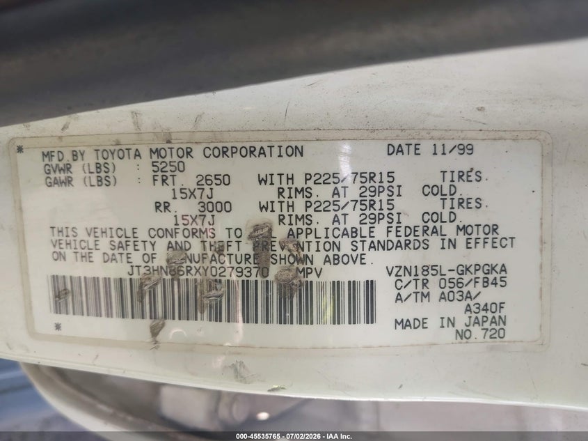 2000 Toyota 4runner VIN JT3HN86RXY0279370 IAAI salvage auction — NORMAL WEAR, Clear (Michigan), sold $775 on 2026-07-23 (photo 9)