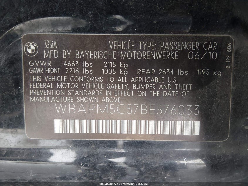 2011 BMW 3 series VIN WBAPM5C57BE576033 IAAI salvage auction — NORMAL WEAR, Clear (Louisiana), sold $225 on 2026-07-20 (photo 9)