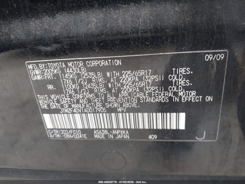 2010 Toyota Rav4 VIN JTMZF4DV1AD017905 IAAI salvage auction — NORMAL WEAR, Clear - Dealer Only (California), sold $1,200 on 2026-07-16 (photo 9)