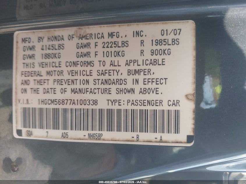 2007 Honda Accord VIN 1HGCM56877A100338 IAAI salvage auction — NORMAL WEAR, Clear (Alabama), sold $750 on 2026-07-20 (photo 9)