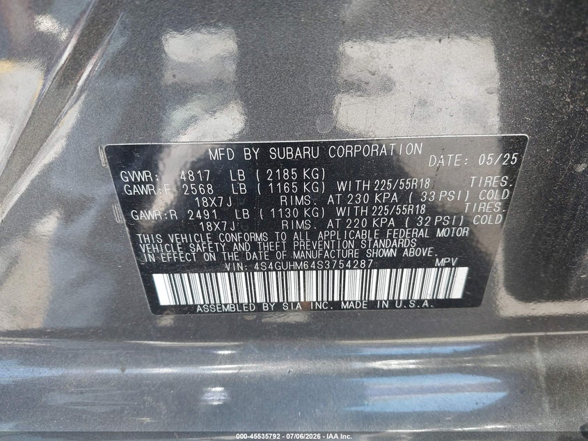 2025 Subaru Xv VIN 4S4GUHM64S3754287 IAAI salvage auction — FRONT END, Salvage Title, sold $7,075 on 2026-07-10 (photo 9)