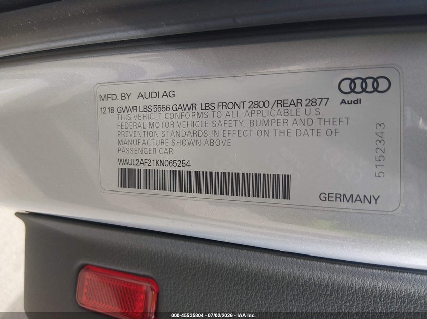 2019 Audi A6 VIN WAUL2AF21KN065254 IAAI salvage auction — WATER/FLOOD, Salvage (Texas), sold $8,700 on 2026-07-31 (photo 9)