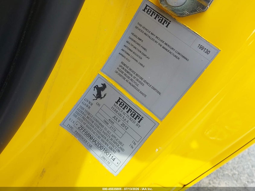2013 Ferrari 458 VIN ZFF68NHA2D0190114 IAAI salvage auction — REAR END, Salvage (Montana), sold $143,200 on 2026-08-20 (photo 9)