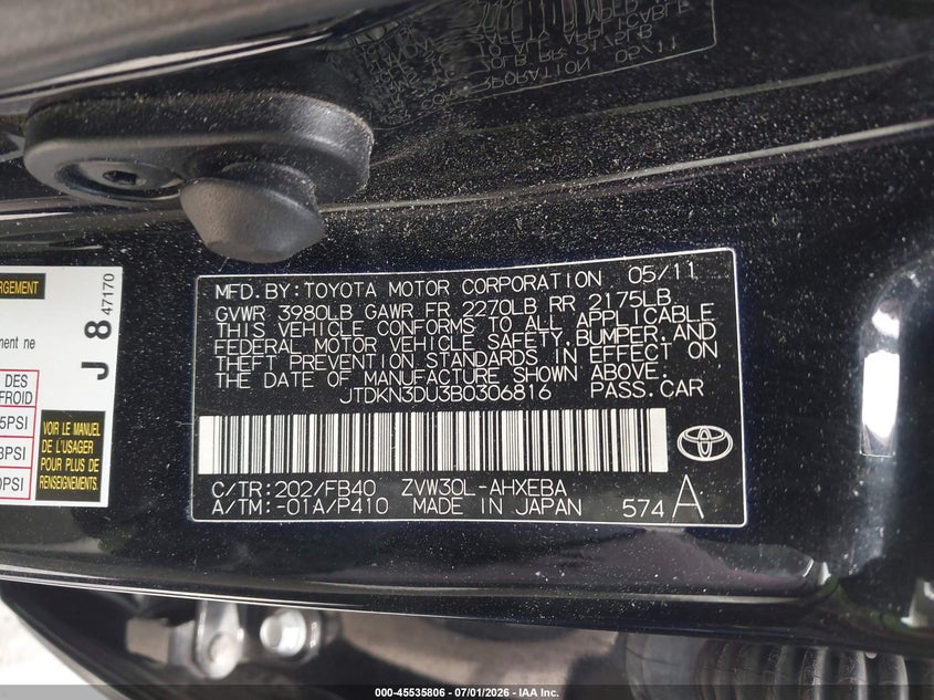 2011 Toyota Prius VIN JTDKN3DU3B0306816 IAAI salvage auction — RIGHT SIDE, Salvage (California), sold $1,050 on 2026-07-29 (photo 9)