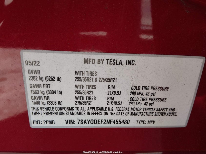 2022 Tesla Model y VIN 7SAYGDEF2NF455480 IAAI salvage auction — LEFT FRONT, Bill Of Sale (Washington), sold $11,100 on 2026-07-30 (photo 9)