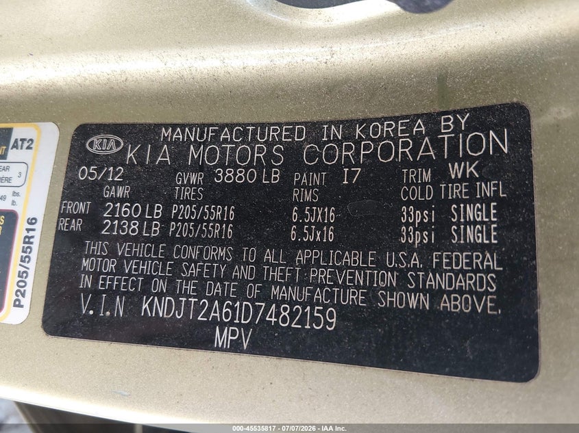 2013 Kia Soul VIN KNDJT2A61D7482159 IAAI salvage auction — NORMAL WEAR, Clear (Georgia), sold $525 on 2026-07-16 (photo 9)