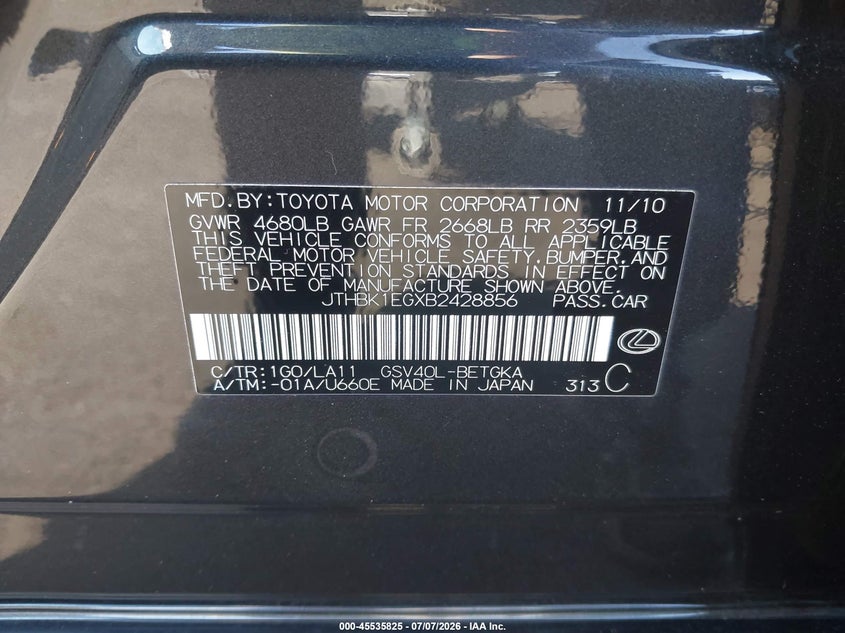 2011 Lexus Es 350 VIN JTHBK1EGXB2428856 IAAI salvage auction — LEFT FRONT, Salvage Certificate (California), sold $775 on 2026-07-24 (photo 9)