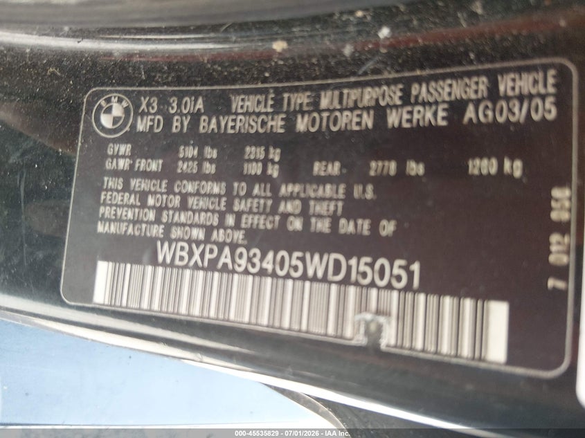 2005 BMW X3 VIN WBXPA93405WD15051 IAAI salvage auction — NORMAL WEAR, Clear (Tennessee), sold $225 on 2026-07-09 (photo 9)