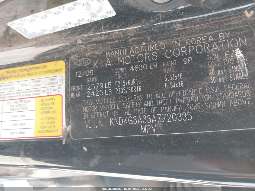 2010 Kia Sportage VIN KNDKG3A33A7720335 IAAI salvage auction — NORMAL WEAR, Original (Texas), sold $25 on 2026-07-23 (photo 9)