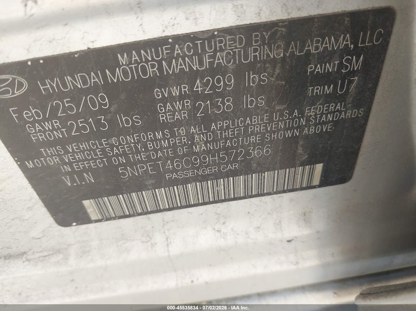 2009 Hyundai Sonata VIN 5NPET46C99H572366 IAAI salvage auction — NORMAL WEAR, Clear (Indiana), sold $300 on 2026-07-08 (photo 9)