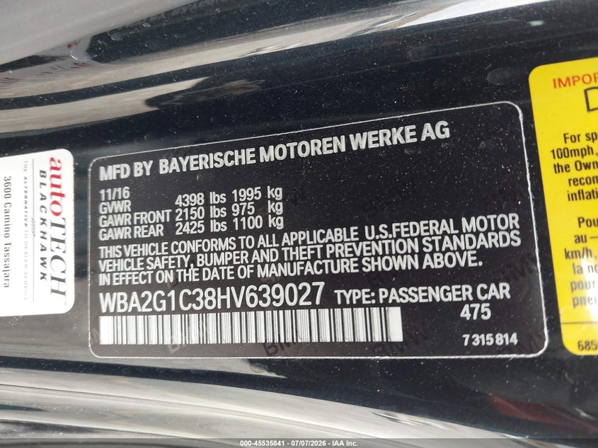 2017 BMW 2er VIN WBA2G1C38HV639027 IAAI salvage auction — RIGHT FRONT, Salvage Title, sold $6,600 on 2026-08-31 (photo 9)