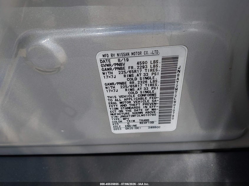 2020 Nissan Rogue VIN JN8AT2MT2LW010790 IAAI salvage auction — FRONT END, Salvage Title, sold $1,100 on 2026-07-24 (photo 9)