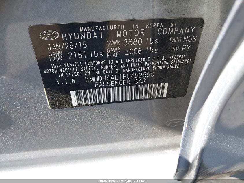 2015 Hyundai Elantra VIN KMHDH4AE1FU452550 IAAI salvage auction — SIDE, Salvage Title, sold $1,775 on 2026-07-31 (photo 9)
