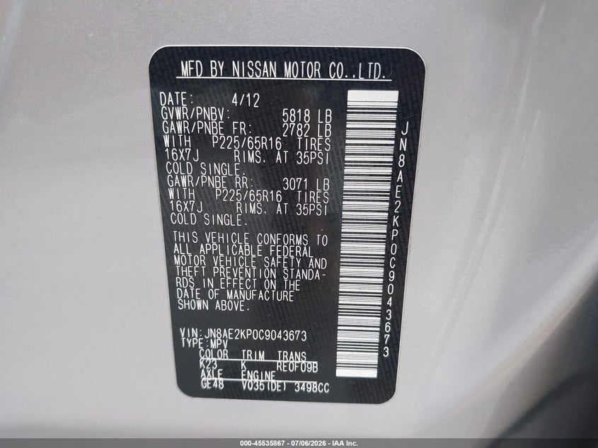 2012 Nissan Quest VIN JN8AE2KP0C9043673 IAAI salvage auction — REAR END, Salvage (Utah), sold $900 on 2026-07-30 (photo 9)