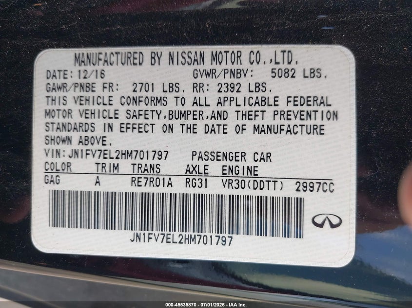 2017 Infiniti Q60 VIN JN1FV7EL2HM701797 IAAI salvage auction — NORMAL WEAR, Original (Texas), sold $4,550 on 2026-07-28 (photo 9)