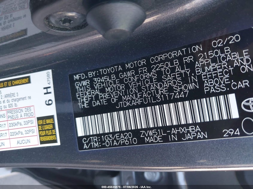 2020 Toyota VIN JTDKARFU1L3117447 IAAI salvage auction — RIGHT FRONT, Salvage Title, sold $5,650 on 2026-07-22 (photo 9)