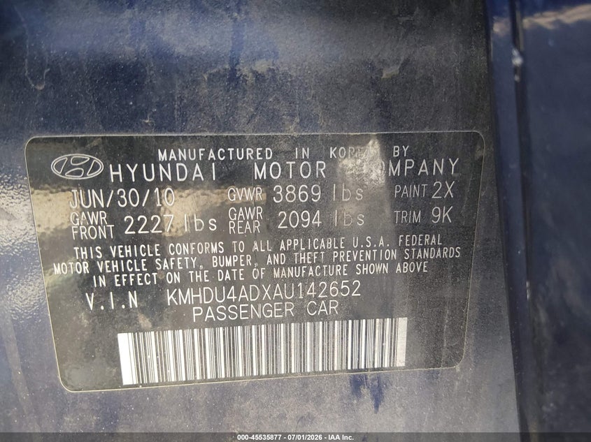 2010 Hyundai Elantra VIN KMHDU4ADXAU142652 IAAI salvage auction — NORMAL WEAR, Clear (Nevada), sold $275 on 2026-07-24 (photo 9)