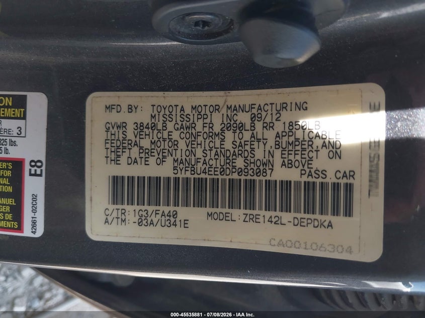 2013 Toyota Corolla VIN 5YFBU4EE0DP093087 IAAI salvage auction — NORMAL WEAR, Clear (Mississippi), sold $625 on 2026-07-24 (photo 9)