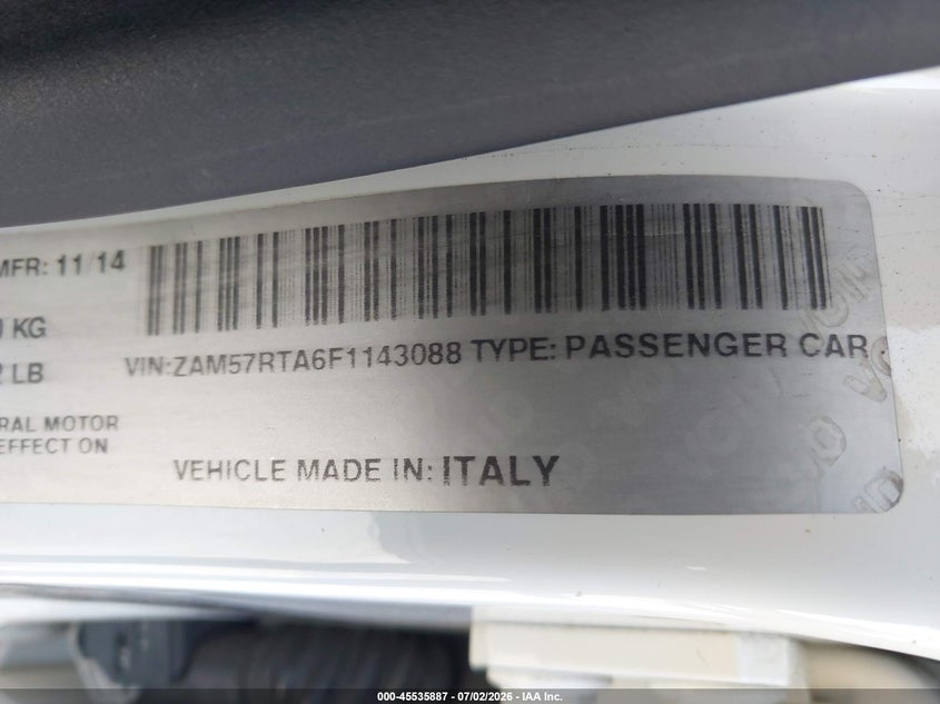 2015 Maserati Ghibli VIN ZAM57RTA6F1143088 IAAI salvage auction — FRONT END, Rebuildable (Florida), sold $6,300 on 2026-08-10 (photo 9)