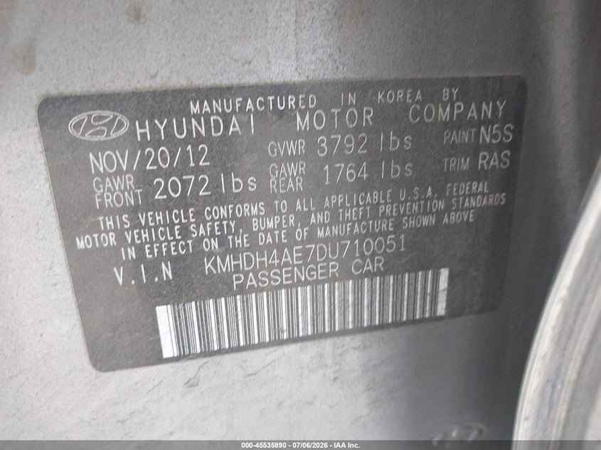 2013 Hyundai Elantra VIN KMHDH4AE7DU710051 IAAI salvage auction — FRONT END, Salvage (California), sold $600 on 2026-07-28 (photo 9)