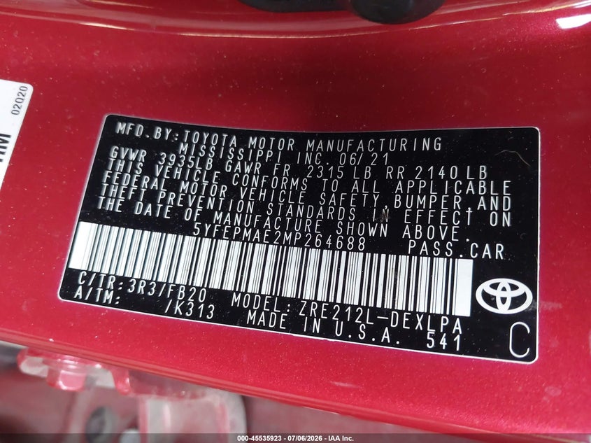 2021 Toyota Corolla VIN 5YFEPMAE2MP264688 IAAI salvage auction — FRONT & REAR, Salvage (Virginia), sold $3,350 on 2026-07-30 (photo 9)