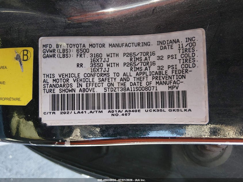 2001 Toyota Sequoia VIN 5TDZT38A11S008071 IAAI salvage auction — NORMAL WEAR, Clear (Nevada), sold $375 on 2026-07-24 (photo 9)