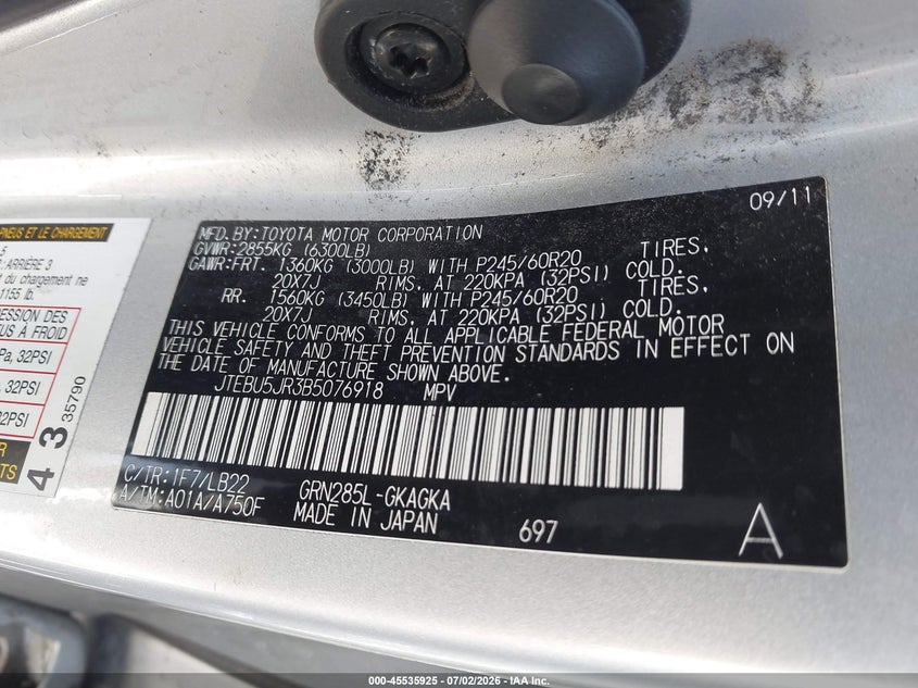 2011 Toyota 4runner VIN JTEBU5JR3B5076918 IAAI salvage auction — RIGHT SIDE, Salvage (California), sold $6,100 on 2026-07-30 (photo 9)