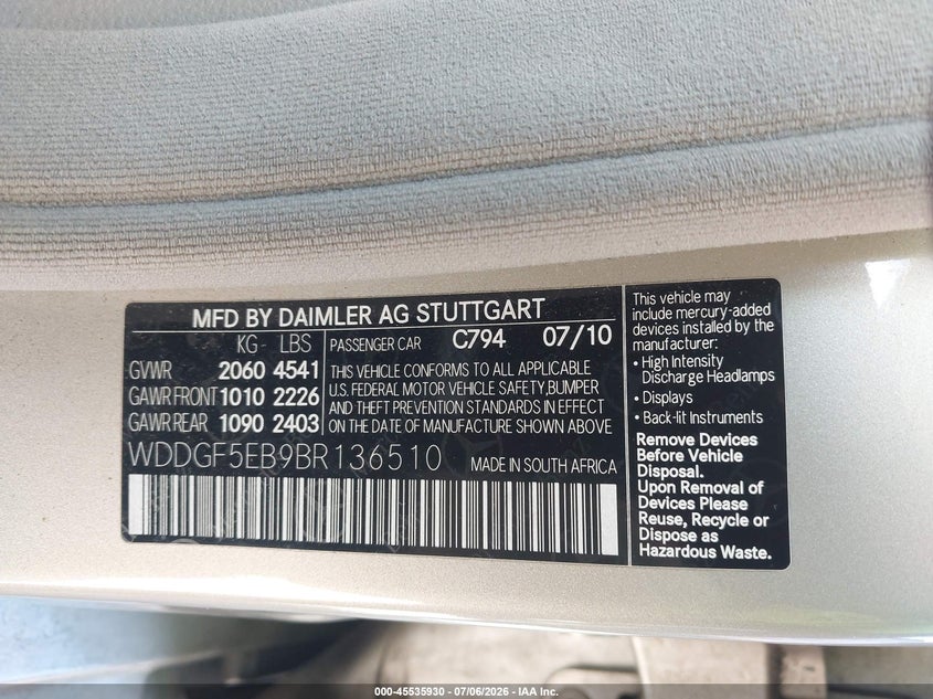 2011 Mercedes-benz C class VIN WDDGF5EB9BR136510 IAAI salvage auction — NORMAL WEAR, Repossession Paperwork (Georgia), sold $375 on 2026-07-31 (photo 9)