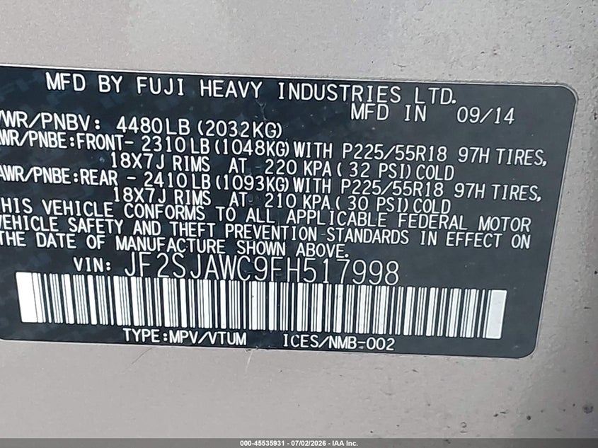 2015 Subaru Forester VIN JF2SJAWC9FH517998 IAAI salvage auction — LEFT FRONT, Bill Of Sale (Washington), sold $1,150 on 2026-07-29 (photo 9)