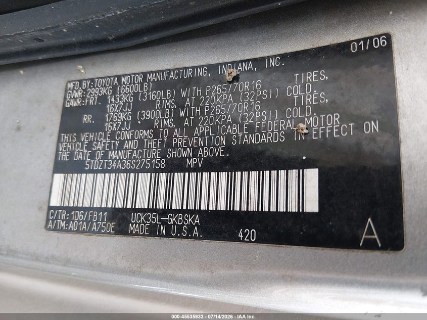 2006 Toyota Sequoia VIN 5TDZT34A36S275158 IAAI salvage auction — NORMAL WEAR, Clear (Montana), sold $1,250 on 2026-07-29 (photo 9)