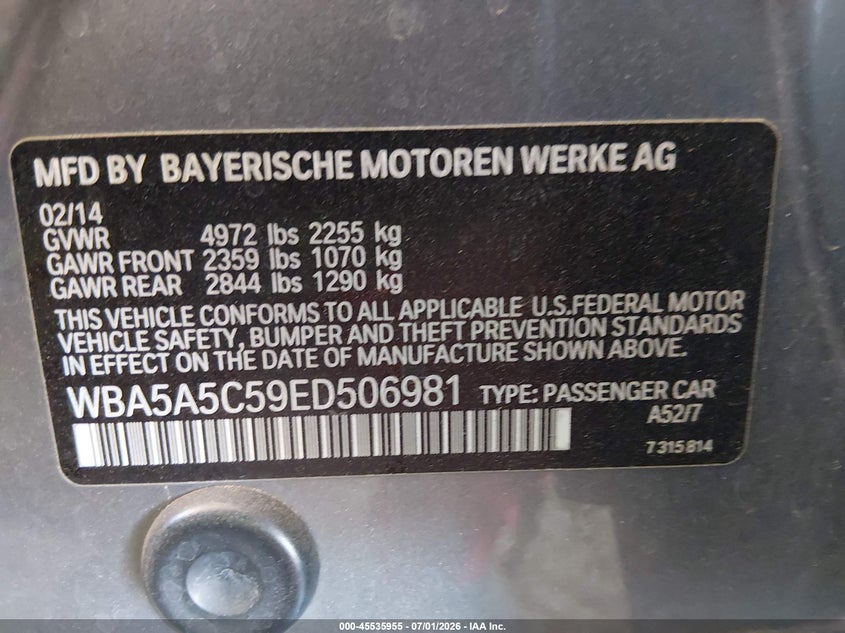 2014 BMW 5er VIN WBA5A5C59ED506981 IAAI salvage auction — NORMAL WEAR, Clear-Dealer Only (Arizona), sold $1,750 on 2026-07-28 (photo 9)
