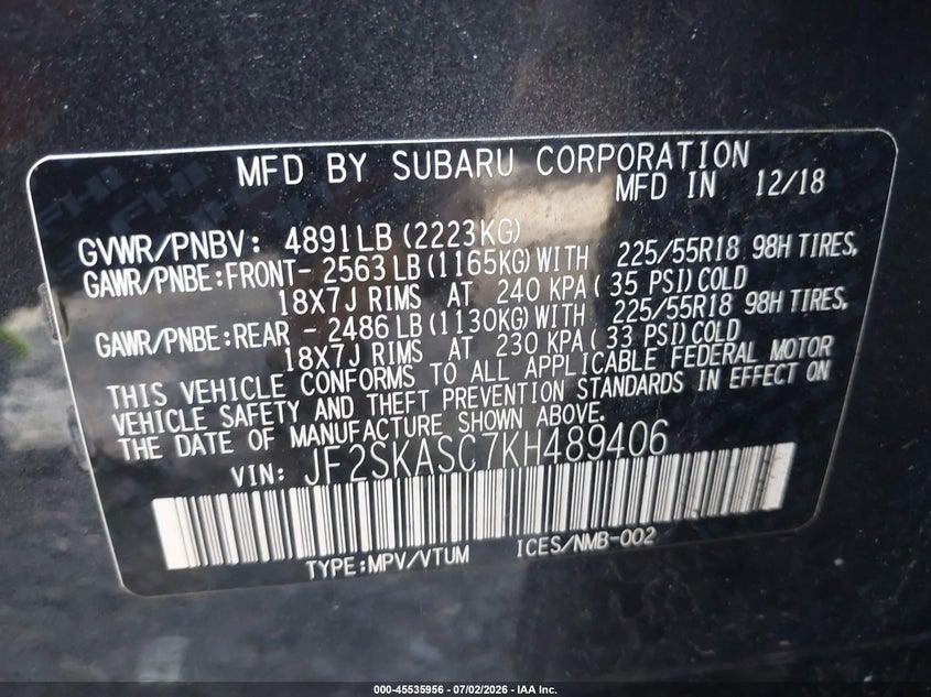2019 Subaru Forester VIN JF2SKASC7KH489406 IAAI salvage auction — NORMAL WEAR, Clear (New Jersey), sold $2,900 on 2026-07-14 (photo 9)