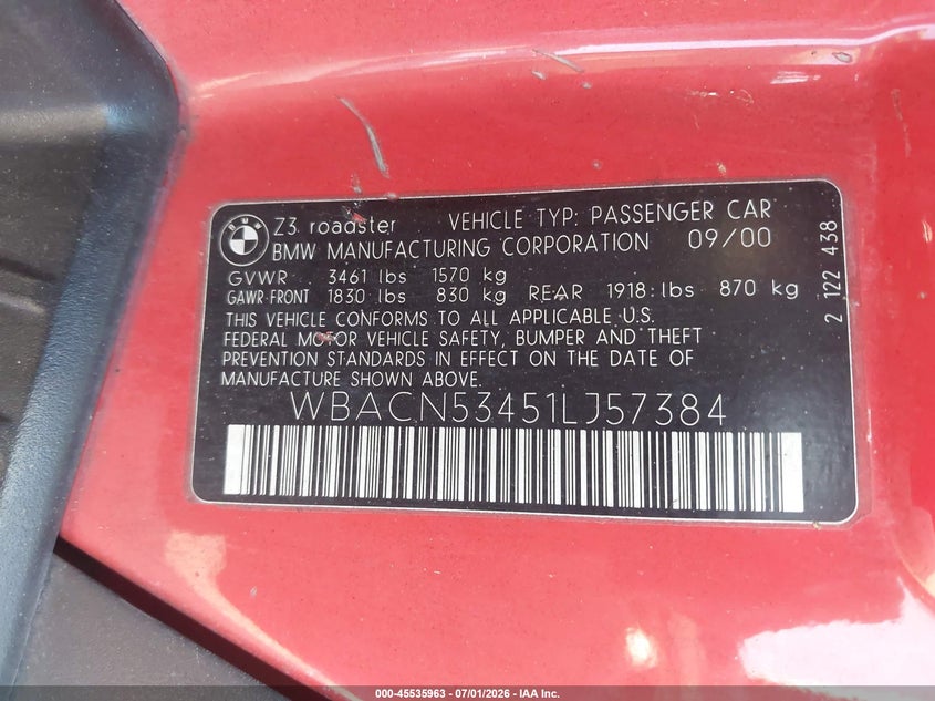 2001 BMW Z3 VIN WBACN53451LJ57384 IAAI salvage auction — NORMAL WEAR, Clear (Tennessee), sold $5,450 on 2026-07-08 (photo 9)