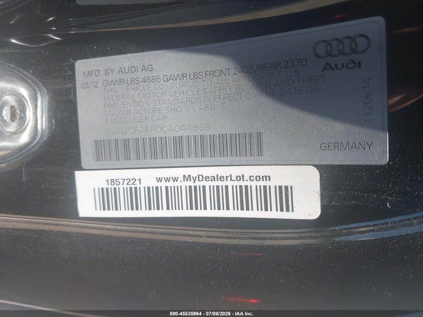 2012 Audi A5 VIN WAUCFAFR0CA044969 IAAI salvage auction — Burn Engine, Salvage (Tennessee), sold $25 on 2026-07-29 (photo 9)