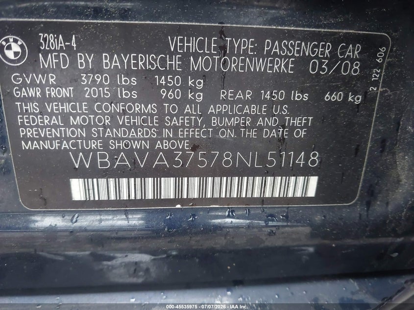 2008 BMW 3 series VIN WBAVA37578NL51148 IAAI salvage auction — FRONT END, Clear (Massachusetts), sold $375 on 2026-07-14 (photo 9)