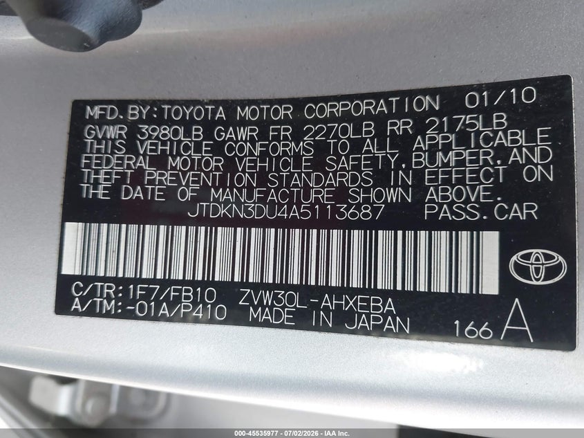 2010 Toyota Prius VIN JTDKN3DU4A5113687 IAAI salvage auction — NORMAL WEAR, Clear - Dealer Only (California), sold $2,450 on 2026-07-09 (photo 9)