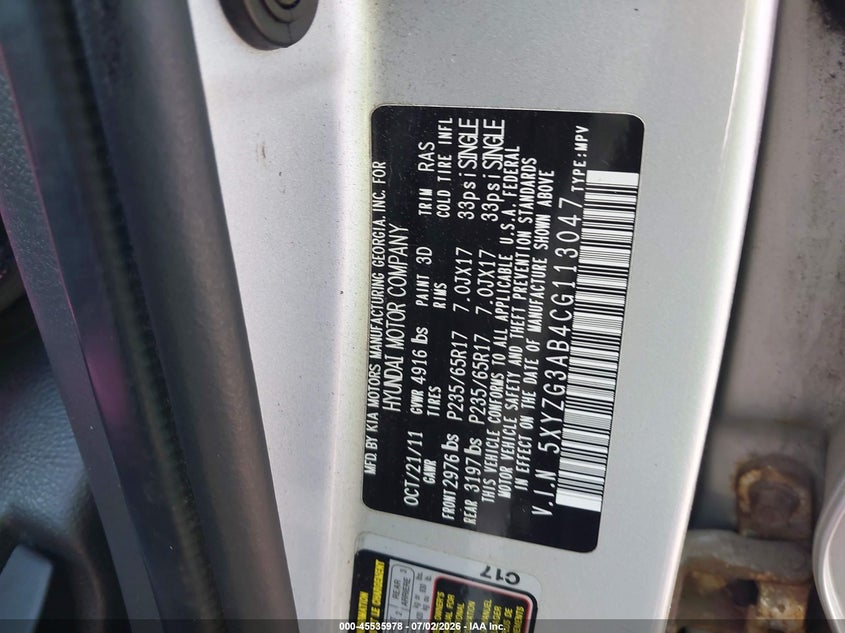 2012 Hyundai Santa fe VIN 5XYZG3AB4CG113047 IAAI salvage auction — NORMAL WEAR, Clear (New York), sold $675 on 2026-07-22 (photo 9)