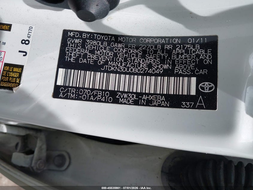 2011 Toyota Prius VIN JTDKN3DU0B0274049 IAAI salvage auction — NORMAL WEAR, Clear (Florida), sold $1,650 on 2026-07-13 (photo 9)