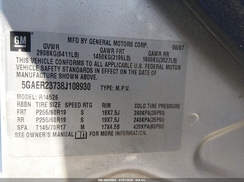 2008 Buick Enclave VIN 5GAER23738J108930 IAAI salvage auction — NORMAL WEAR, Clear (Illinois), sold $100 on 2026-07-24 (photo 9)