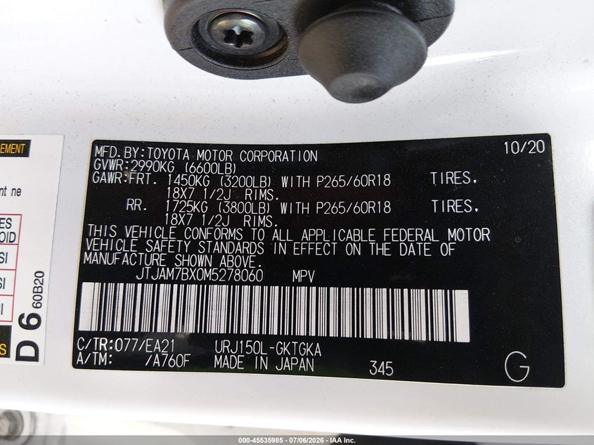 2021 Lexus Gx VIN JTJAM7BX0M5278060 IAAI salvage auction — ROLLOVER, Salvage (California), sold $50 on 2026-07-29 (photo 9)