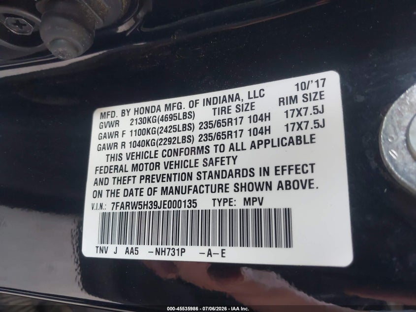 2018 Honda Cr-v VIN 7FARW5H39JE000135 IAAI salvage auction — RIGHT SIDE, Salvage (California), sold $2,200 on 2026-07-21 (photo 9)